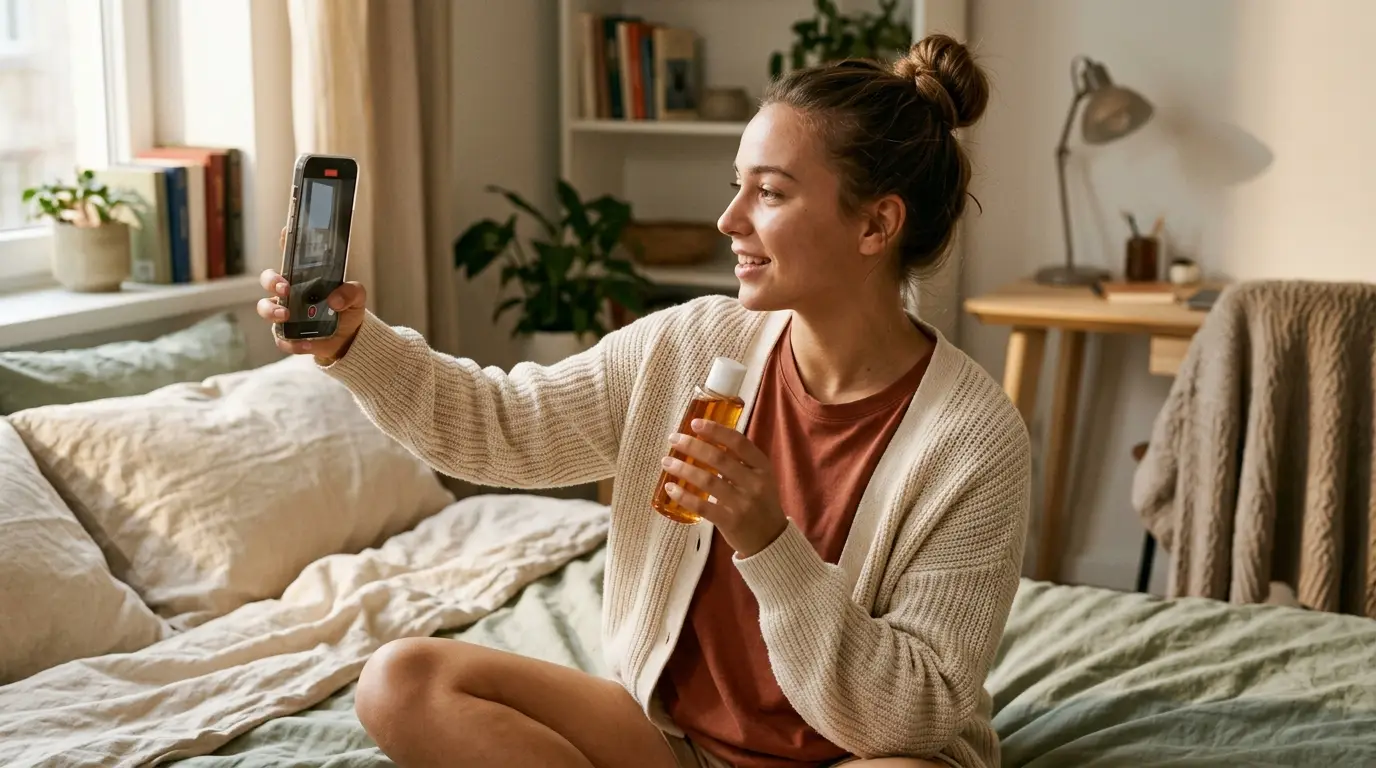 creator de conținut care recomandă un produs prin telefon, fără urmăritori mulți